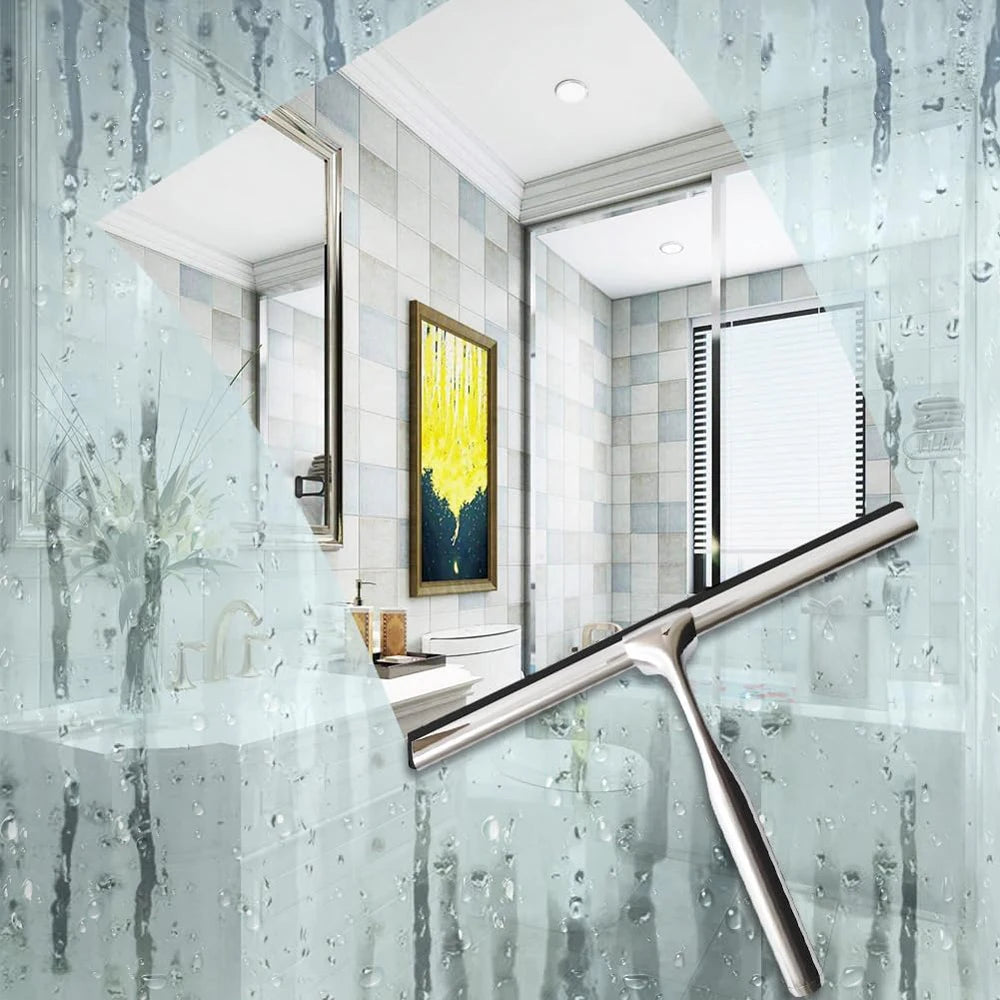 Shower Squeegee, 10-Inch — Stainless Steel with Silicone Blade & Adhesive Storage Hook