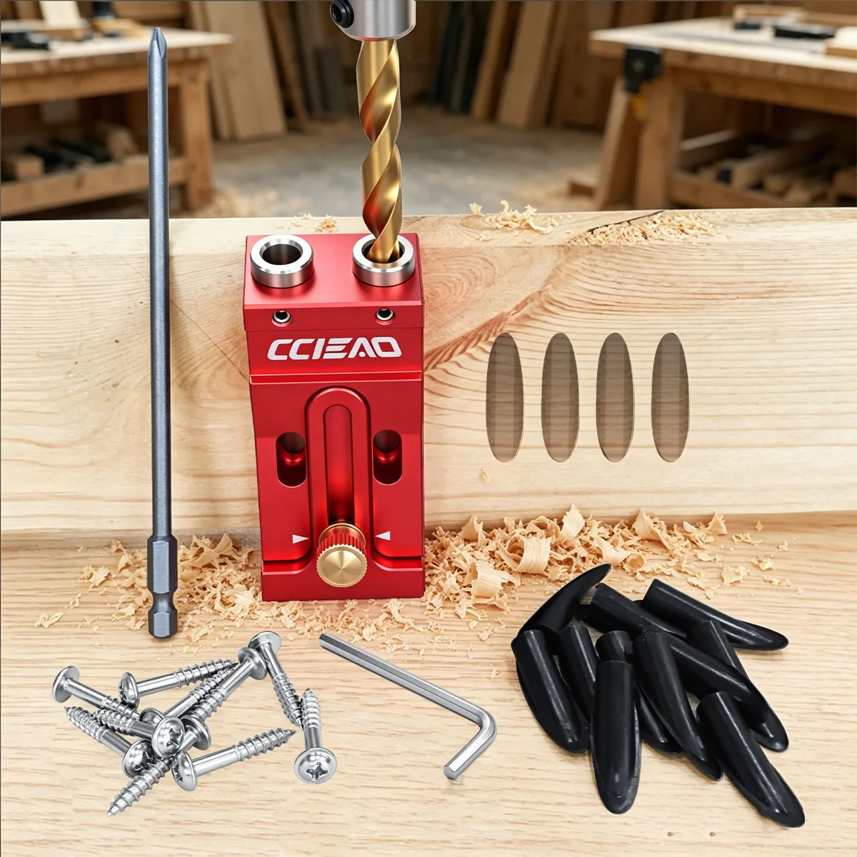 Pocket Hole Jig Kit, Aluminum Alloy, Adjustable with 9mm Step Drill Bit, Plugs and Screws