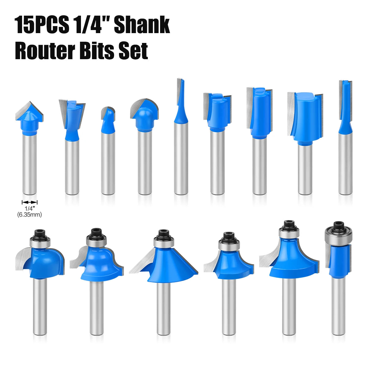 15-Piece Router Bit Set - 1/4" Shank Tungsten Carbide Router Bits with Wooden Storage Case for Woodworking