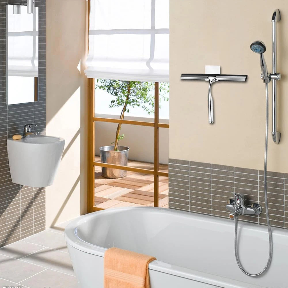 Shower Squeegee, 10-Inch — Stainless Steel with Silicone Blade & Adhesive Storage Hook