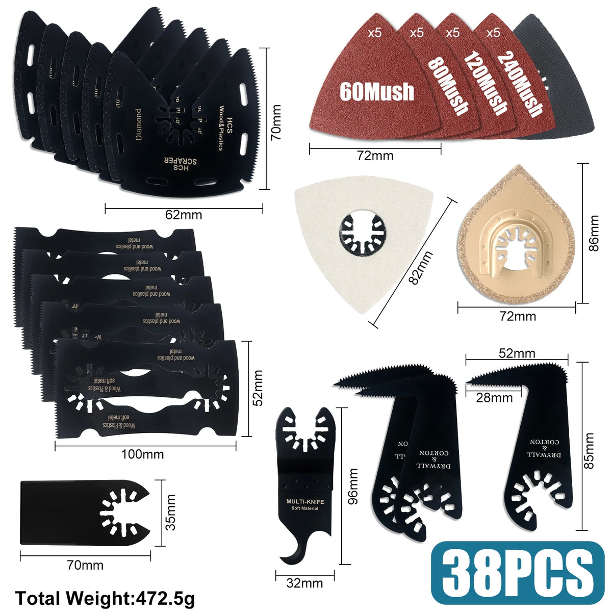 Oscillating Multi-Tool Blade Set — 50 & 63 Piece Kits for Wood, Metal & Plastic
