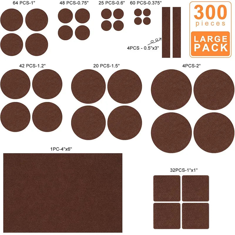 Felt Furniture Pads — 300-Piece Value Pack (Various Sizes)