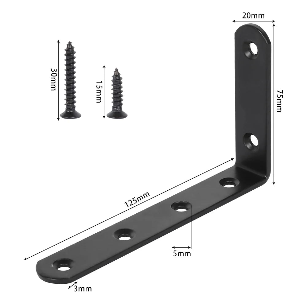 Heavy-Duty L-Shaped Shelf Brackets - 4 Pack (Black Steel, 125 mm, Screws Included)