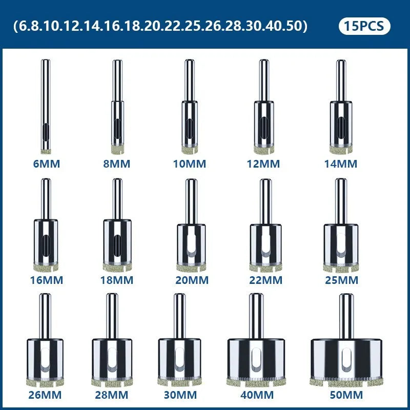 15-Piece Diamond Hole Saw Kit - Diamond Drill Bit Set for Tile, Glass, Ceramic and Porcelain (6-50mm)