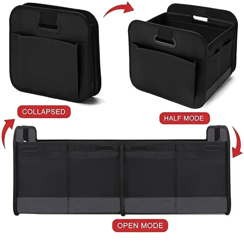 Collapsible 600D Oxford Car Trunk Organizer with Reinforced Handles & Multi-Compartments. Fits All Cars, SUVs, Vans.