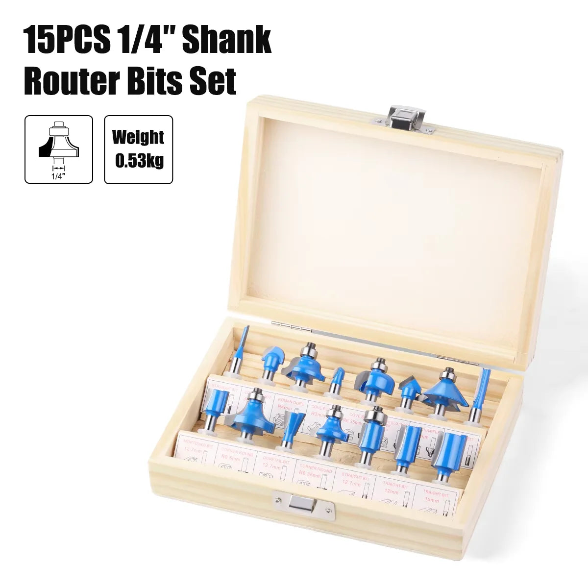 15-Piece Router Bit Set - 1/4" Shank Tungsten Carbide Router Bits with Wooden Storage Case for Woodworking