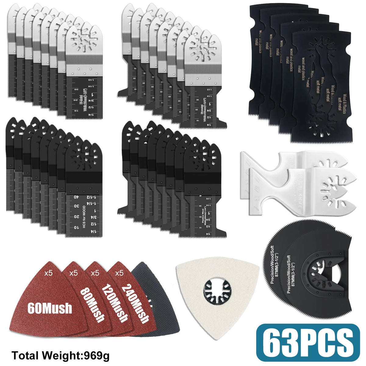 Oscillating Multi-Tool Blade Set — 50 & 63 Piece Kits for Wood, Metal & Plastic