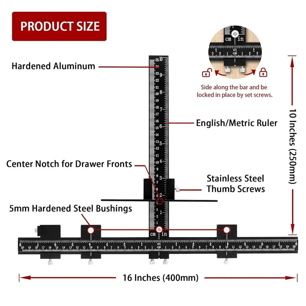 Cabinet Hardware Jig — Aluminum Adjustable Drill Guide for Drawer Pulls & Door Knobs