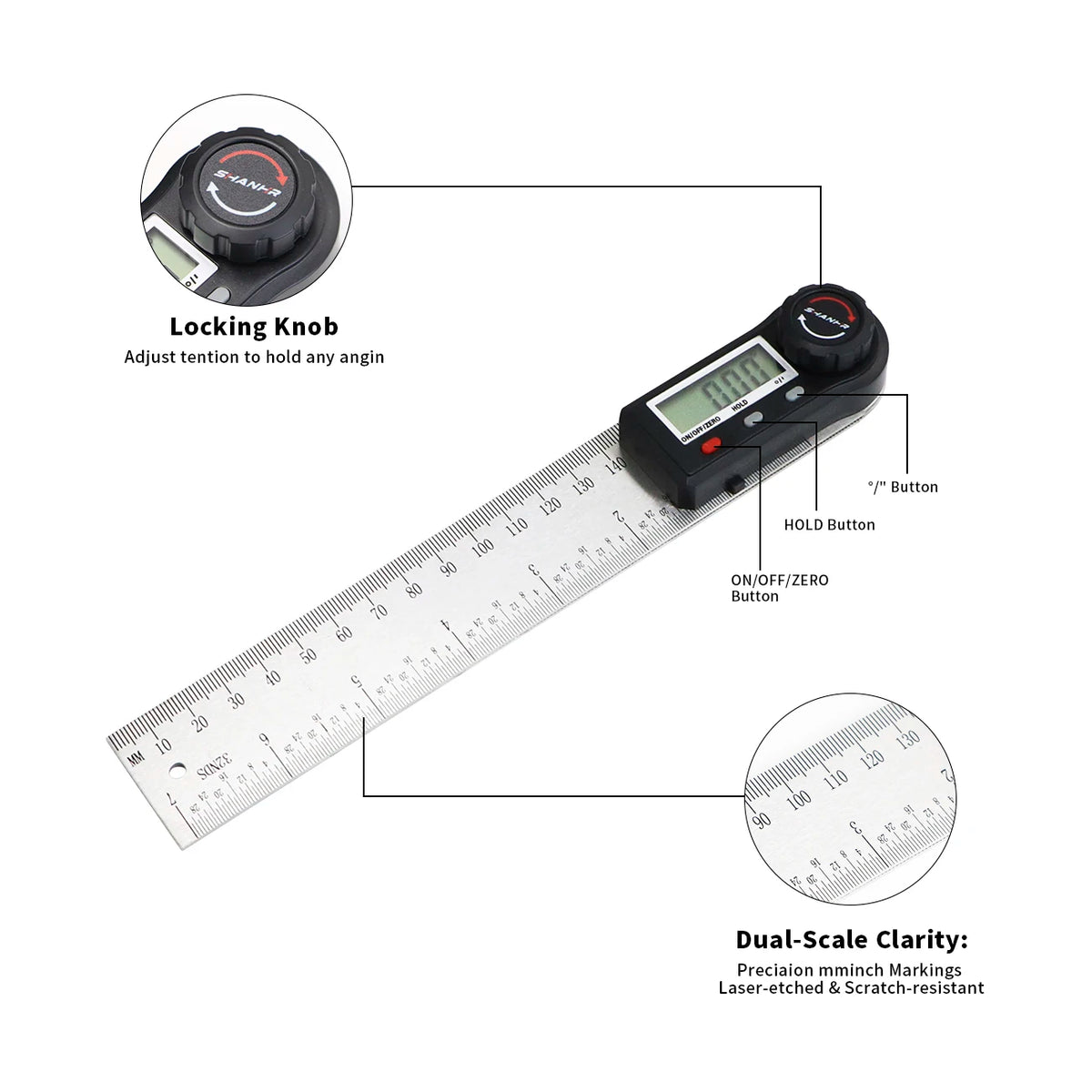 Digital Angle Finder Ruler 7 Inch/200 mm Stainless Steel with Case, Digital Protractor Angle Finder for Woodworking Measurement