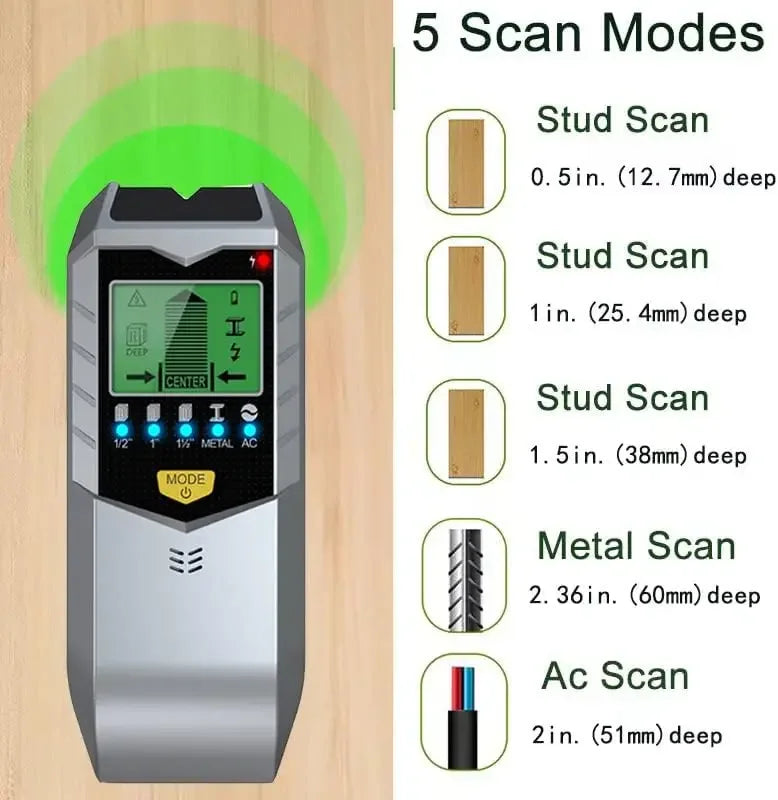Close-up of the stud finder's LCD display and mode buttons