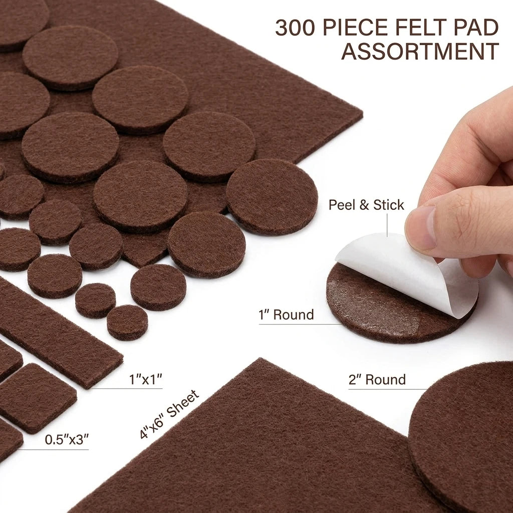 Felt Furniture Pads — 300-Piece Value Pack (Various Sizes)