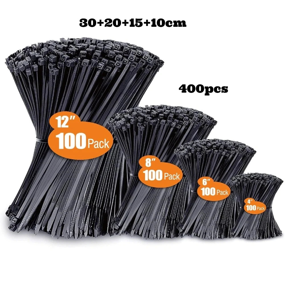 Zip Tie Assortment 400-Pack — Black Nylon Cable Ties in 4 Ready-Made Sizes (4", 6", 8", 12"), Self-Locking & UV Resistant