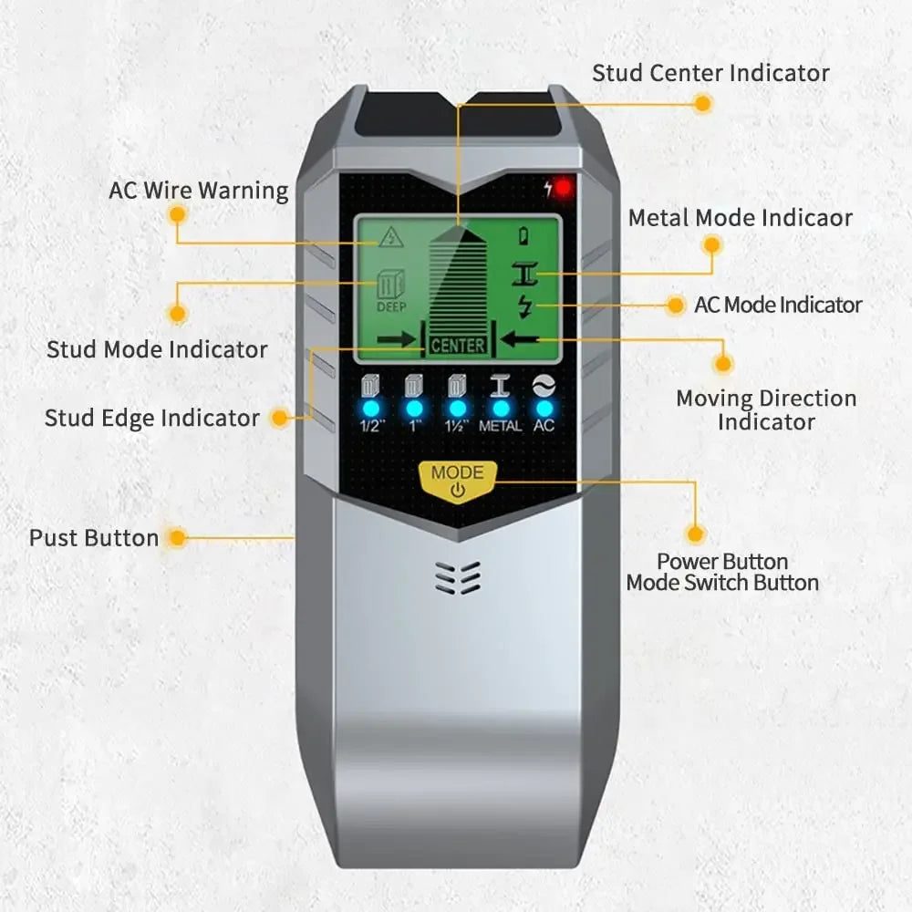 Stud finder detecting live AC wiring behind drywall