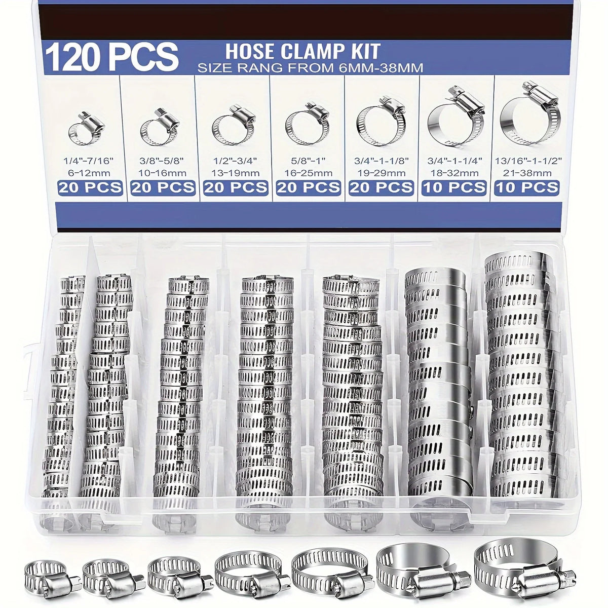 60/120pcs Stainless Steel Hose Clamp Kit - Easy-Tighten Worm Gear, 1/4" to 1-1/2", Ideal for Plumbing & Auto Projects