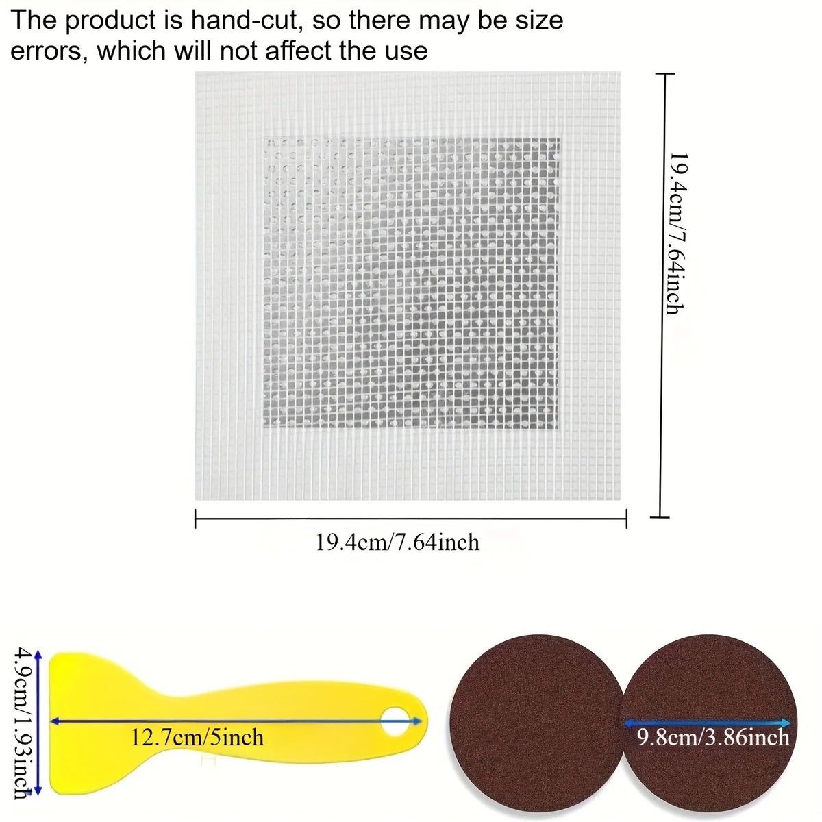Drywall repair patch kit with self-adhesive patches, scraper and sandpaper