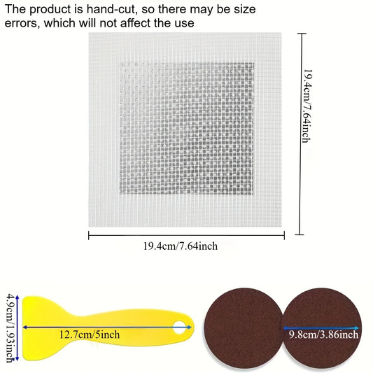 Drywall repair patch kit with self-adhesive patches, scraper and sandpaper