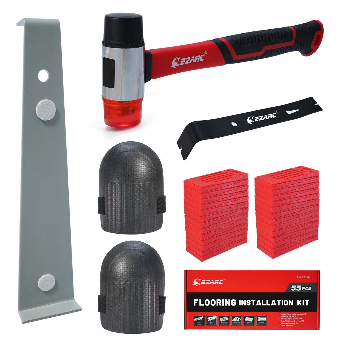 Laminate & Vinyl Flooring Installation Kit, 55-Piece — Pull Bar, Tapping Block, Mallet, Knee Pads, Nail Puller & 50 Spacers