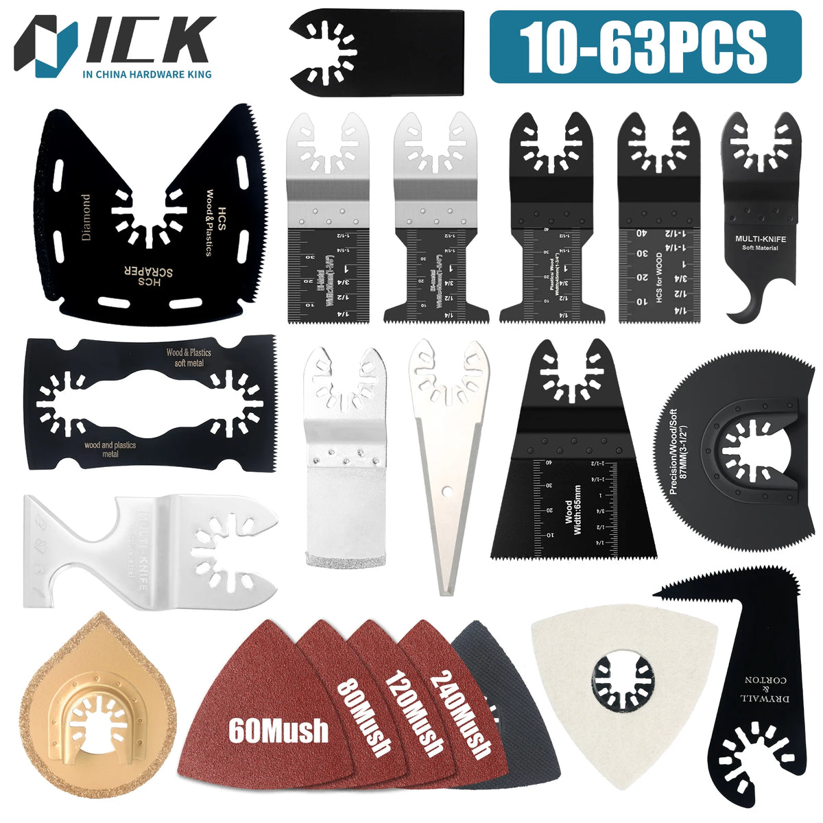 Oscillating Multi-Tool Blade Set — 50 & 63 Piece Kits for Wood, Metal & Plastic