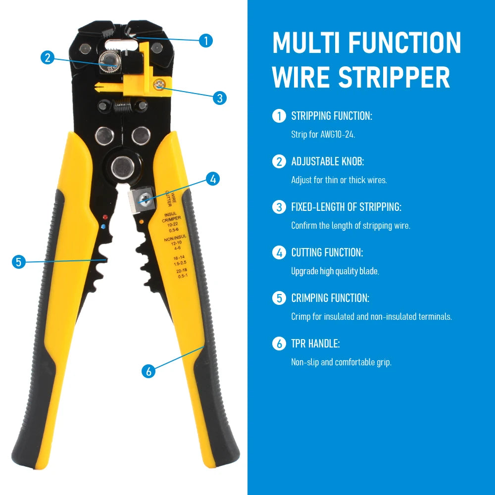 Self-Adjusting Wire Stripper, Crimper and Cutter - 10-24 AWG