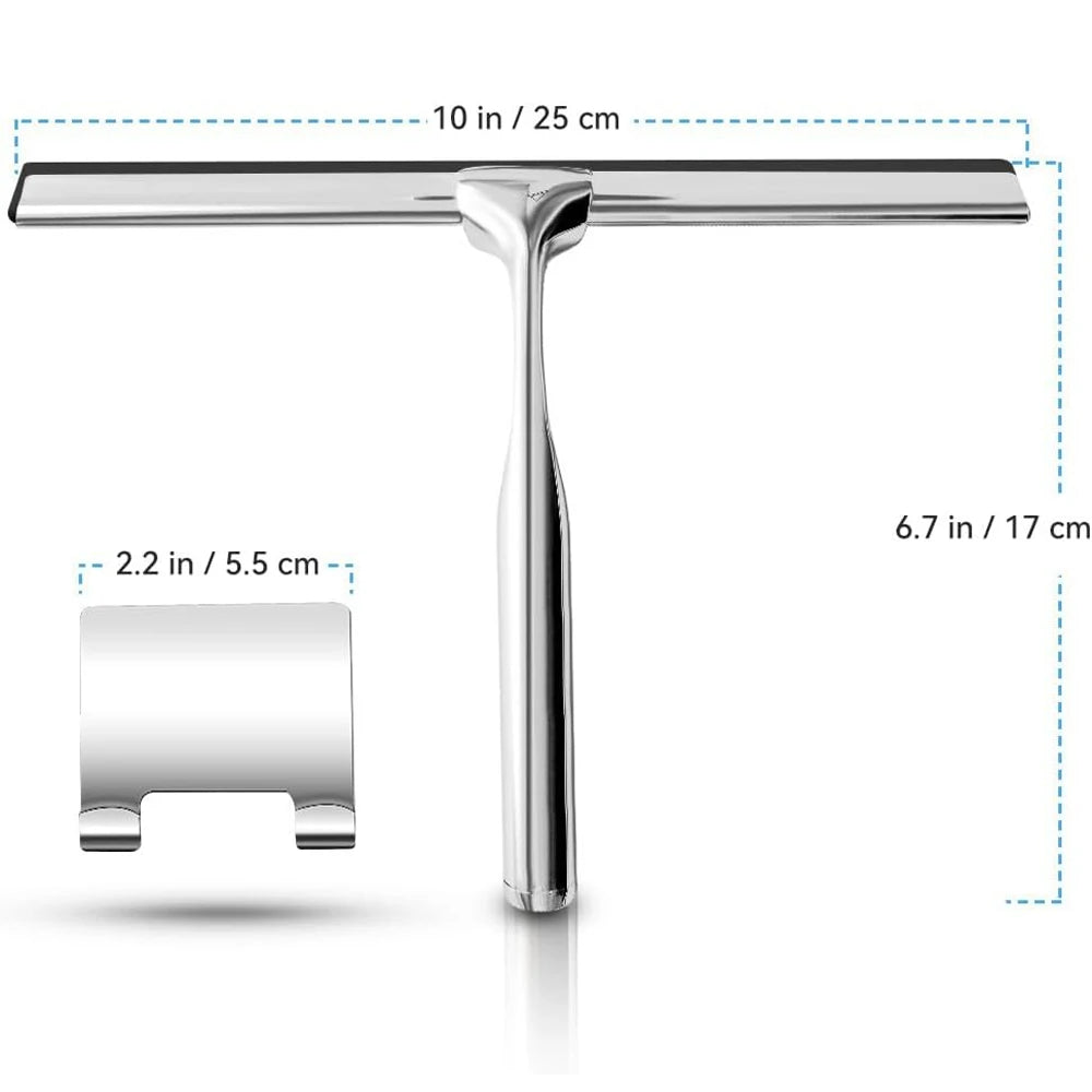 Shower Squeegee, 10-Inch — Stainless Steel with Silicone Blade & Adhesive Storage Hook