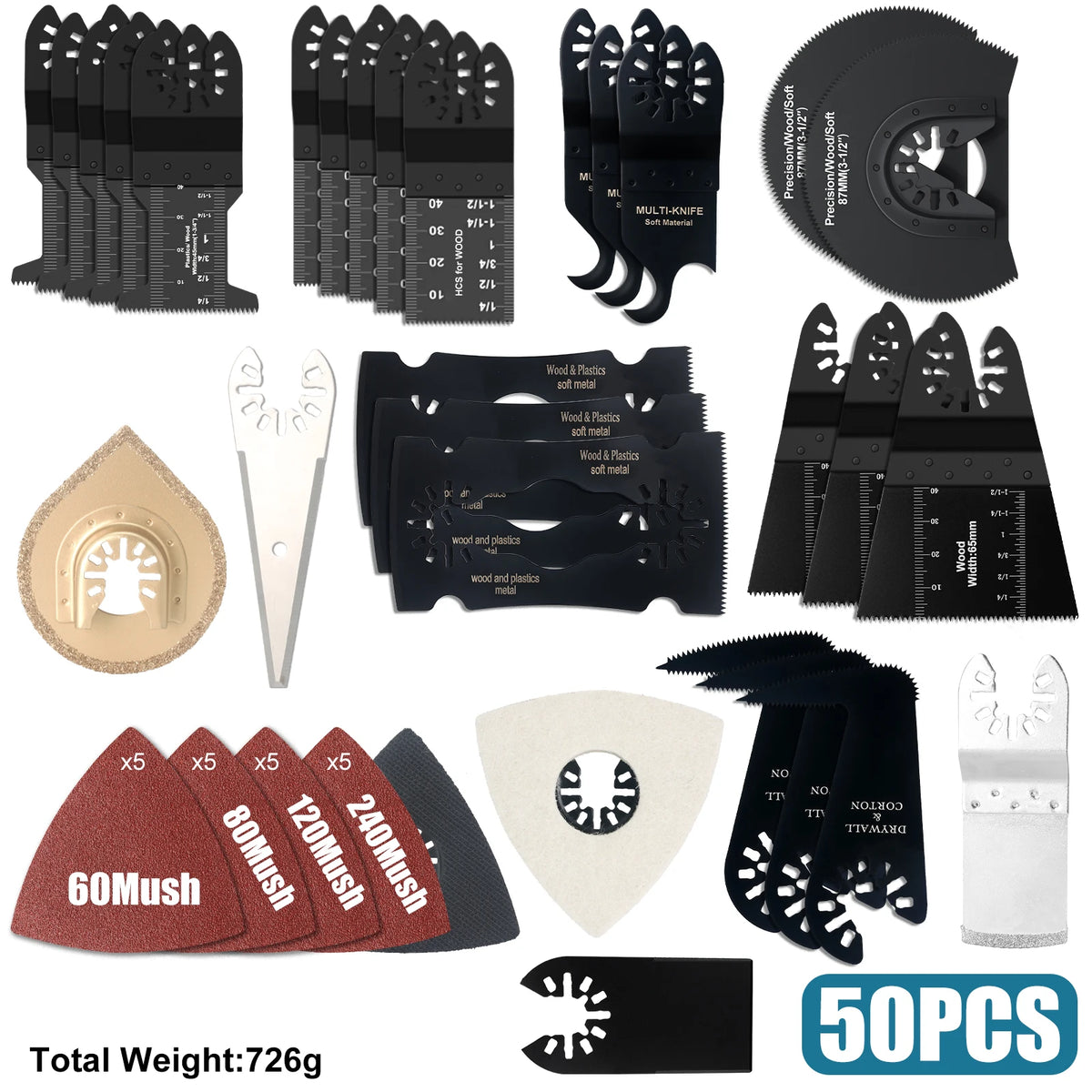 Oscillating Multi-Tool Blade Set — 50 & 63 Piece Kits for Wood, Metal & Plastic