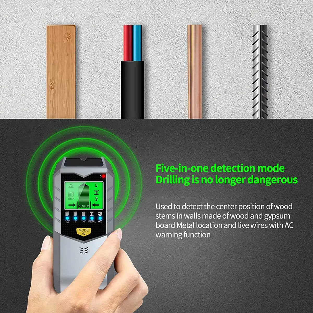 Stud finder scanning a wall to locate a wood stud before drilling