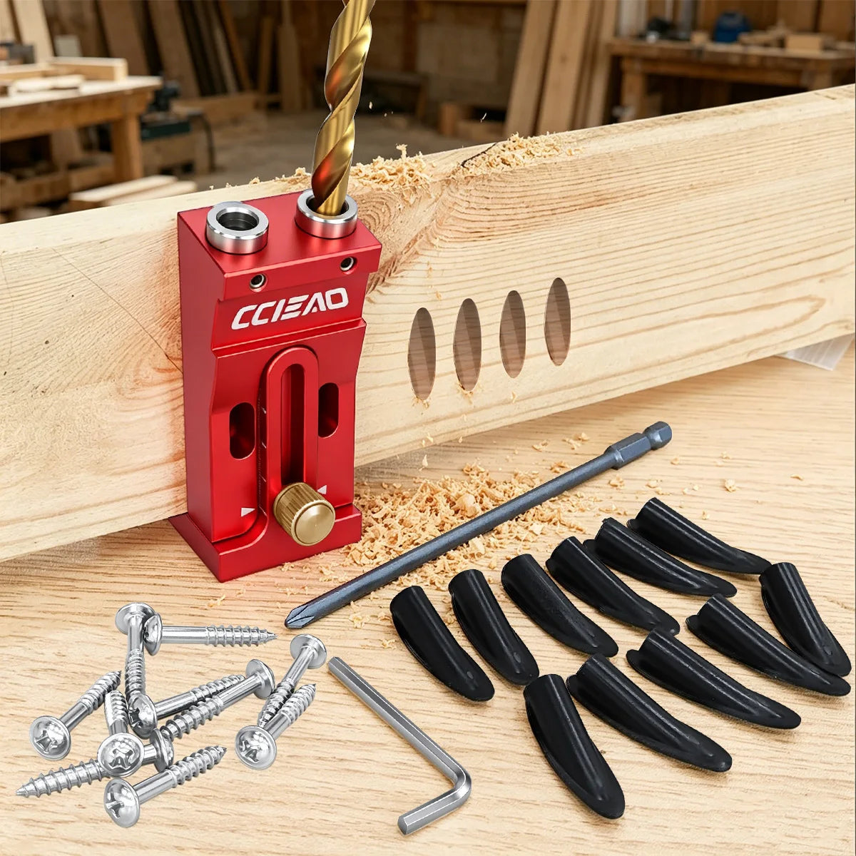 Pocket Hole Jig Kit, Aluminum Alloy, Adjustable with 9mm Step Drill Bit, Plugs and Screws