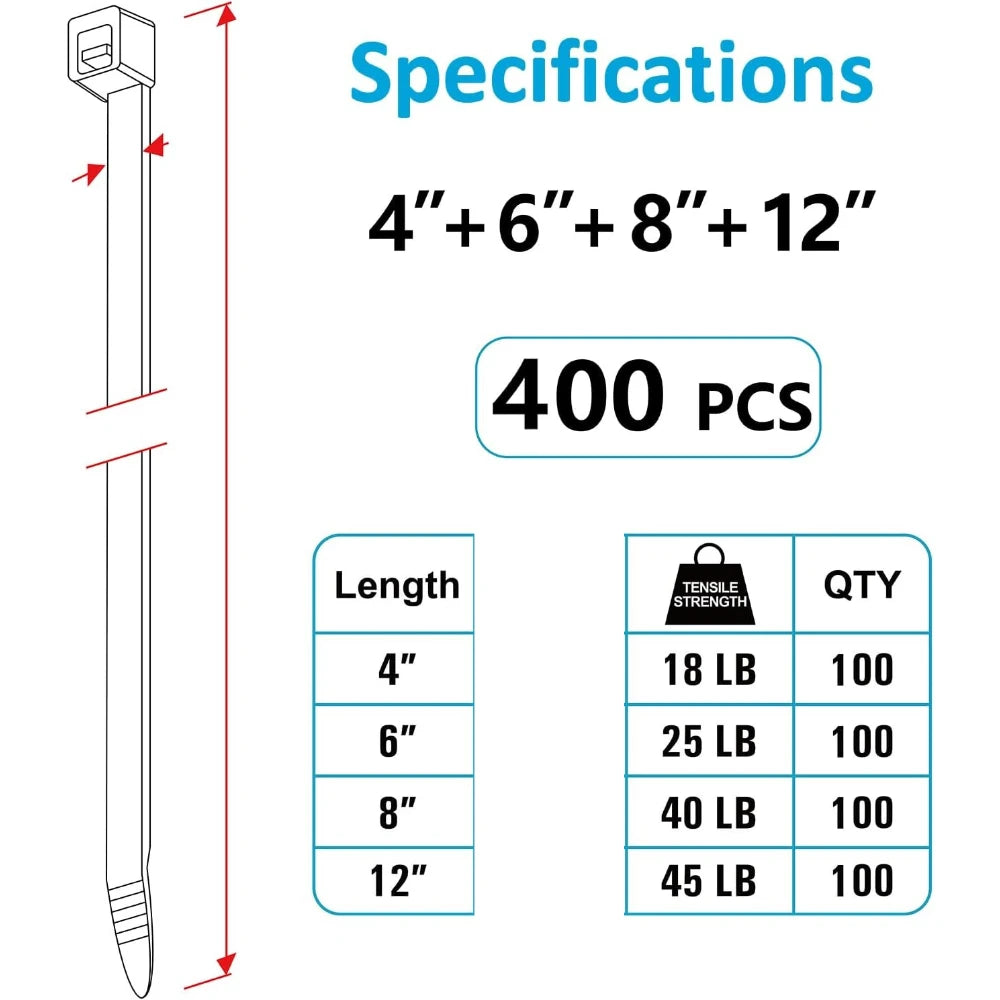 Zip Tie Assortment 400-Pack — Black Nylon Cable Ties in 4 Ready-Made Sizes (4", 6", 8", 12"), Self-Locking & UV Resistant
