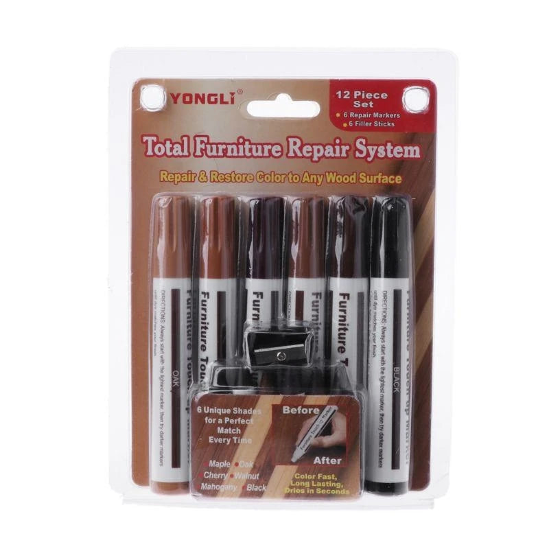 Wood furniture scratch repair kit with touch-up markers and wax sticks