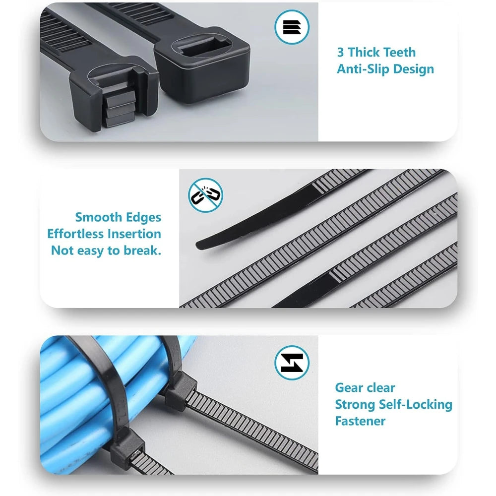 Zip Tie Assortment 400-Pack — Black Nylon Cable Ties in 4 Ready-Made Sizes (4", 6", 8", 12"), Self-Locking & UV Resistant
