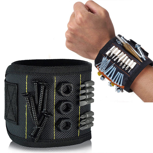 Magnetic wristband holding screws and drill bits on a wrist