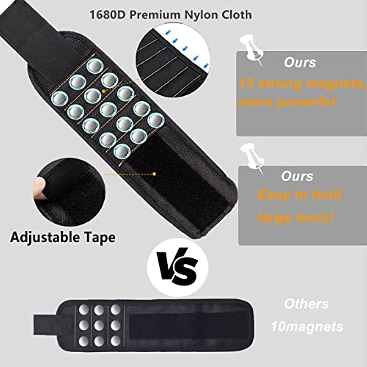 Black magnetic wristband with 15 magnets, flat view